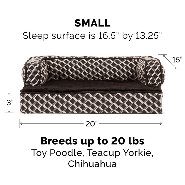 Furhaven Memory Foam Dog Bed for Small Dogs w/ Removable Bolsters & Washable Cover, For Dogs Up to 20 lbs - Plush & Woven Decor Comfy Couch Sofa - Diamond Brown, Small 20.0"L x 15.0"W x 6.3"Th (Comfy Couch - Plush & Decor) Diamond Brown