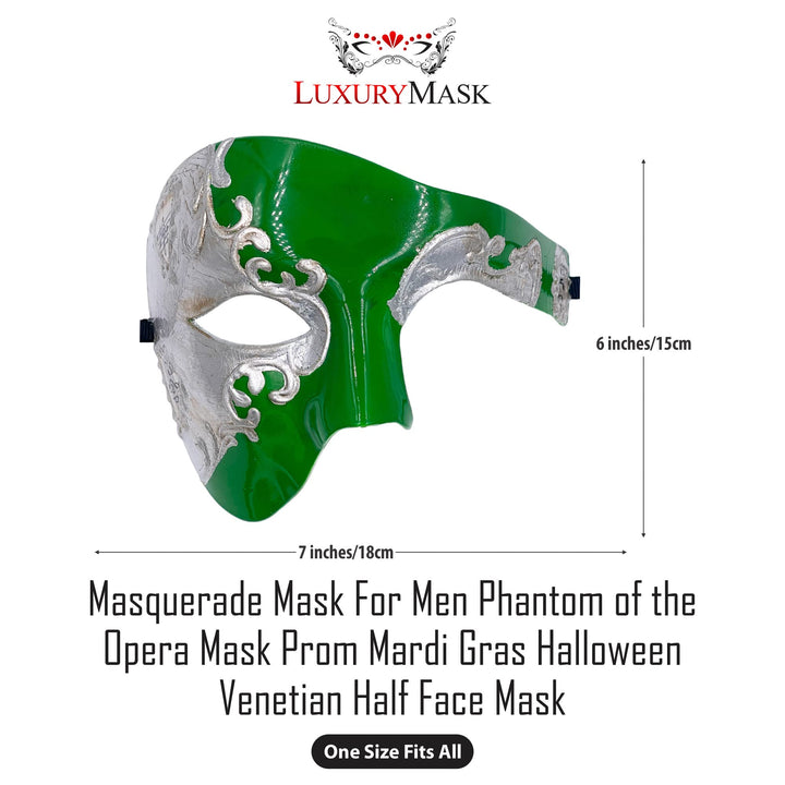 Masquerade Mask For Men Phantom Of The Opera Mask Prom Mardi Gras Haloween Venetian Half Face Mask Green/Silver One Size