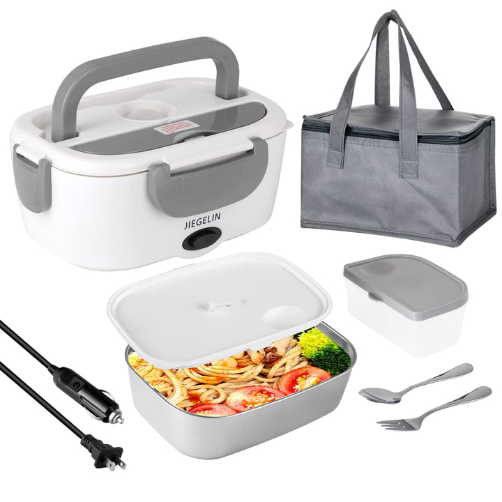 Electric Lunch box food heater 2-in-1,12V/24V/110V/220V portable heating lunch box for cars and homes,stainless steel container fork and Spoon and portable bag (Grey) 9.05*6.68*3.95 inches Gray