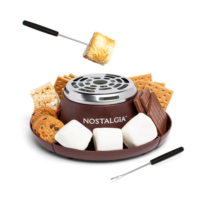 Nostalgia Tabletop Indoor Electric S'mores Maker - Smores Kit With Marshmallow Roasting Sticks and 4 Trays for Graham Crackers, Chocolate, and Marshmallows - Movie Night Supplies - Brown MyMini S'mores Maker