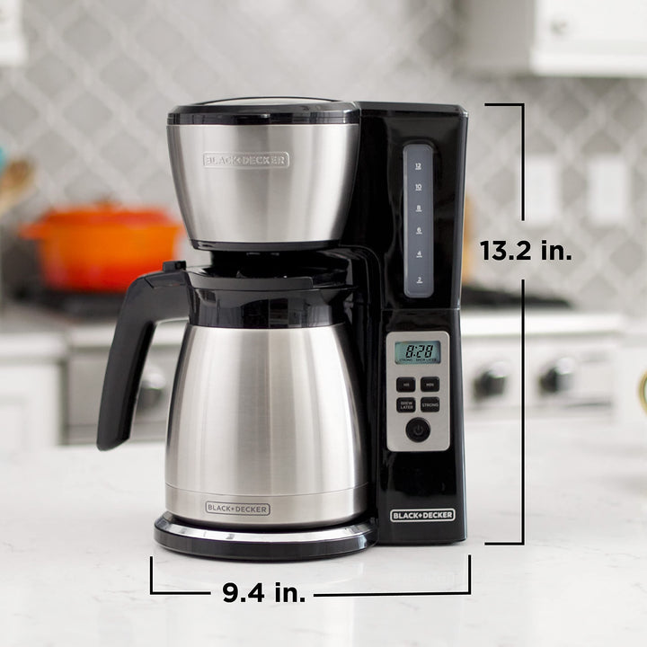 BLACK+DECKER 12-Cup Thermal Programmable Coffee maker, Brew Strength Selector, Auto-clean, Black and Silver CM2045B