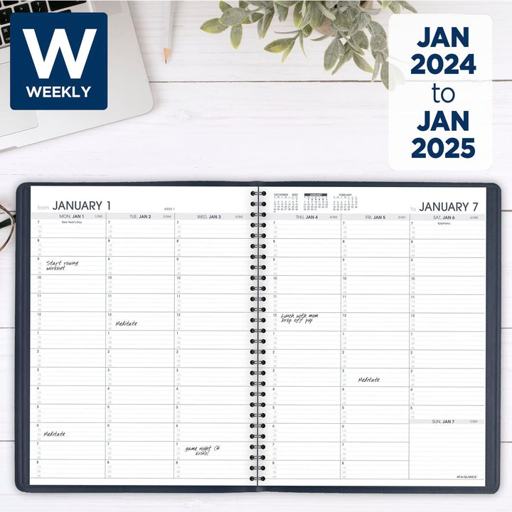 AT-A-GLANCE 2024 Weekly Planner, Quarter-Hourly Appointment Book, 8-1/4" x 11", Large, Navy (709502024) 2024 Old Edition