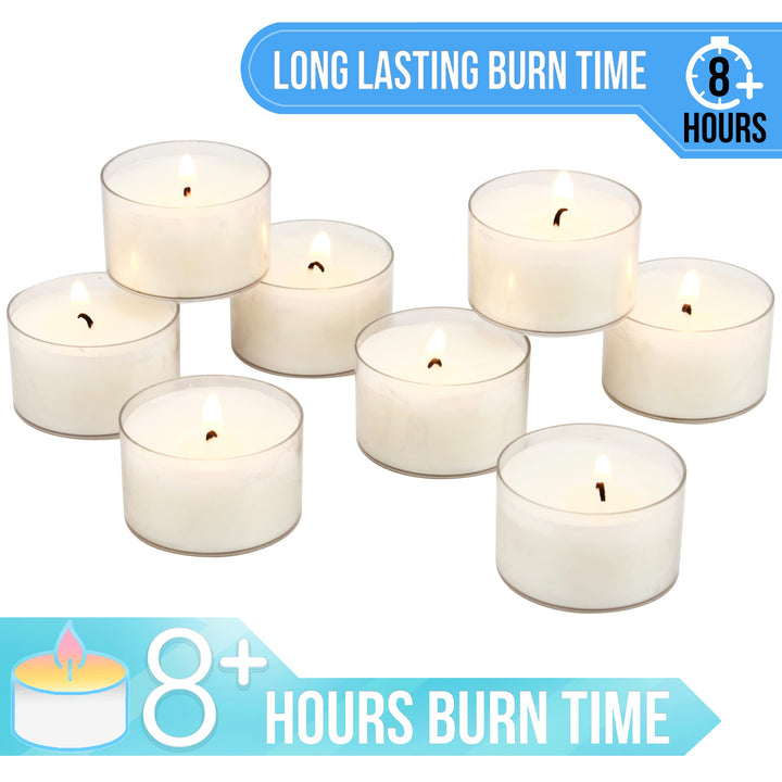 Stonebriar Bulk 96 Unscented Smokeless Long Burning Clear Cup Tea Light Candles with 8 Hour Extended Burn Time (Pack of 6, 576 Count Total) 6 packs of 96, 576 Total