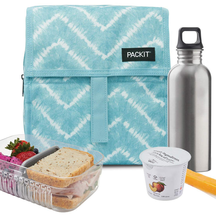 PackIt Freezable Lunch Bag, Aqua Tie Dye, Built with EcoFreeze Technology, Foldable, Reusable, Zip and Velcro Closure with Buckle Handle, Perfect for Lunches