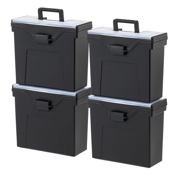 IRIS USA File Box Slim Portable File Organizer Plastic File Box for Letter File w/ Organizer-Lid, BPA-Free Storage, Water Resistant Document Box, Secure Buckle, Sturdy Handle, Black 4 Pack Black - 4 Pack (Slim)