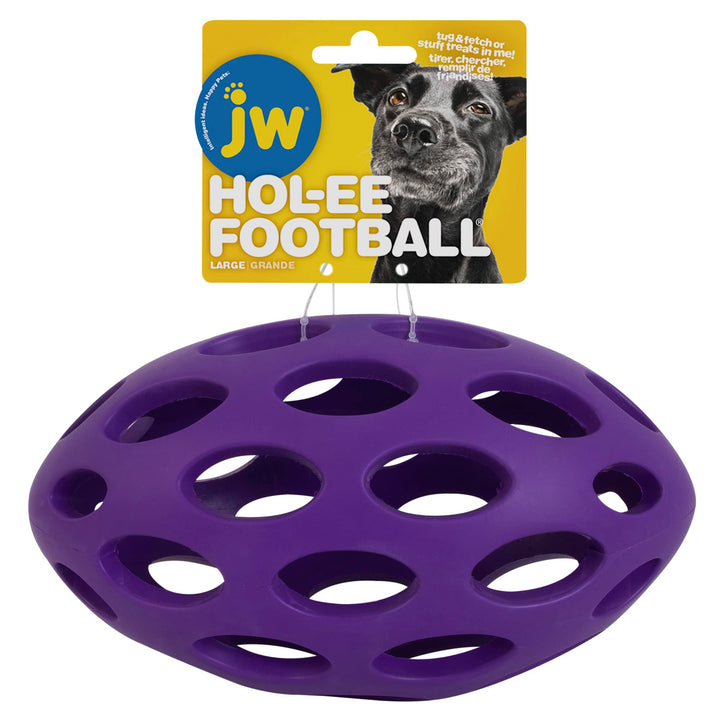 JW Pet Hol-ee Football Dog Toy Puzzle Ball, Natural Rubber, Large (9 Inch Length), Colors May Vary