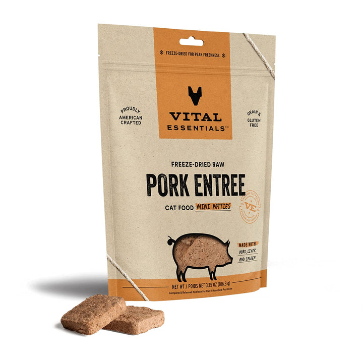 Vital Essentials Freeze Dried Raw Cat Food, Pork Mini Patties Entree, 3.75 oz