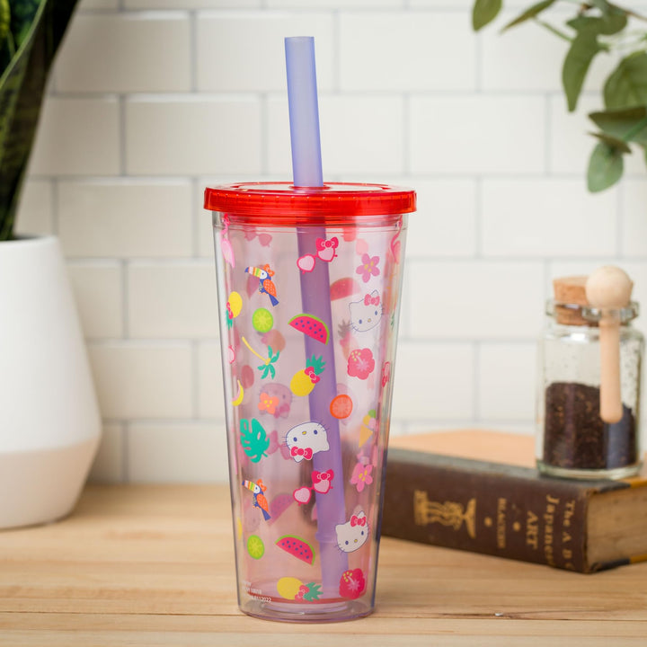 Silver Buffalo Sanrio Hello Kitty Tropical Summer Plastic Boba Tumbler with Lid and Wide Straw, 24 Ounces 24oz Hello Kitty Tropical Tossed Icons