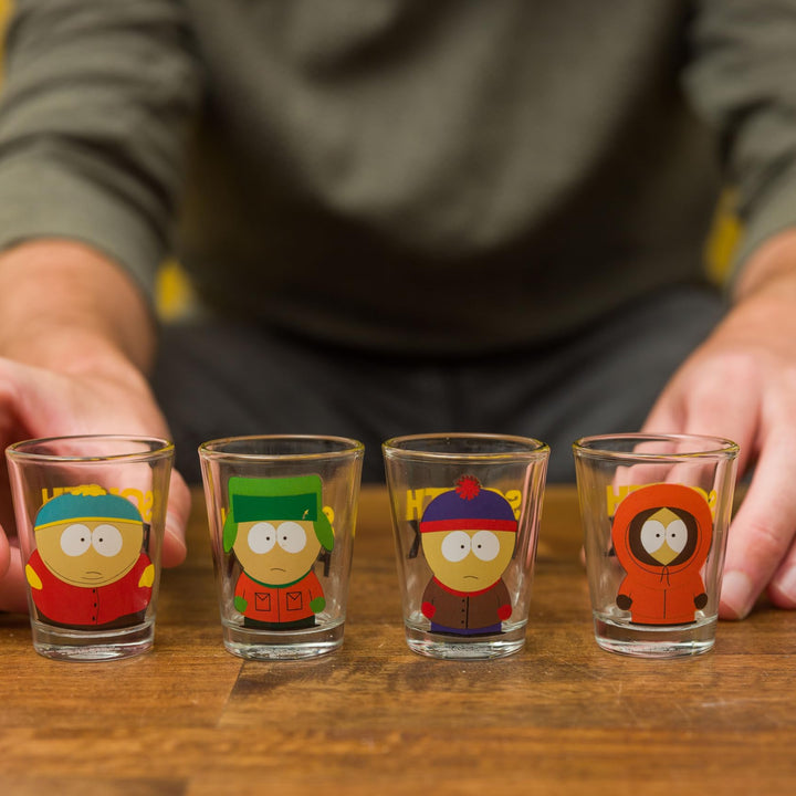 Silver Buffalo South Park Main Characters Poses 4pc Mini Glass Set 4x1, 1.5 ounces