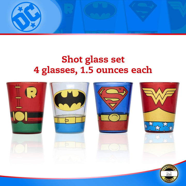 Silver Buffalo DC Comics Superhero Uniforms Mini Glass Set, 1.5-Ounce