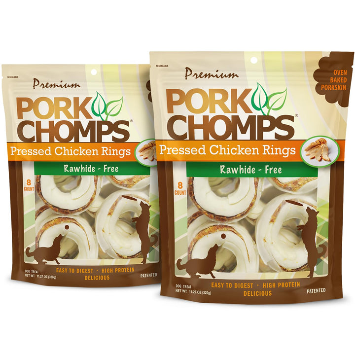 Pork Chomps Pressed Pork Skin Dog Chews, 2.5-inch Rings, Real Chicken, 8 Count Rings (Chicken) 8 Count (Pack of 1)