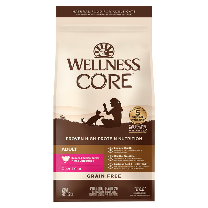 Wellness CORE Natural Grain-Free High Protein Adult Dry Cat Food Recipe, Turkey, Turkey Meal and Duck Formula, 11 Pound Bag 11 Pound (Pack of 1)