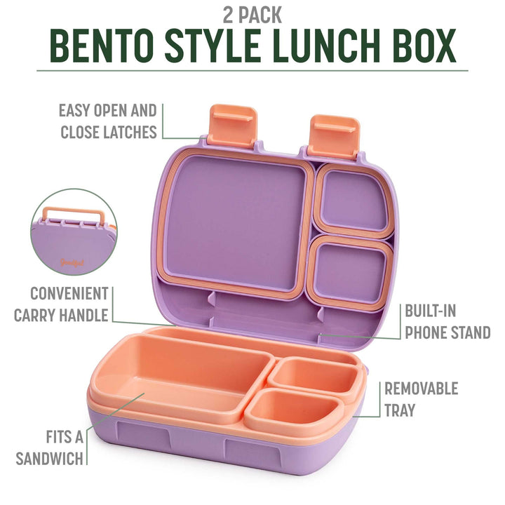 Goodful Bento-Style Kids Lunch Box with Carry Handle, Easy To Open Latches, 4 Compartment Design with Built-In Phone Stand, Food-Safe Container Made without BPA, 2-Pack, Blush Kids Size, Set of 2