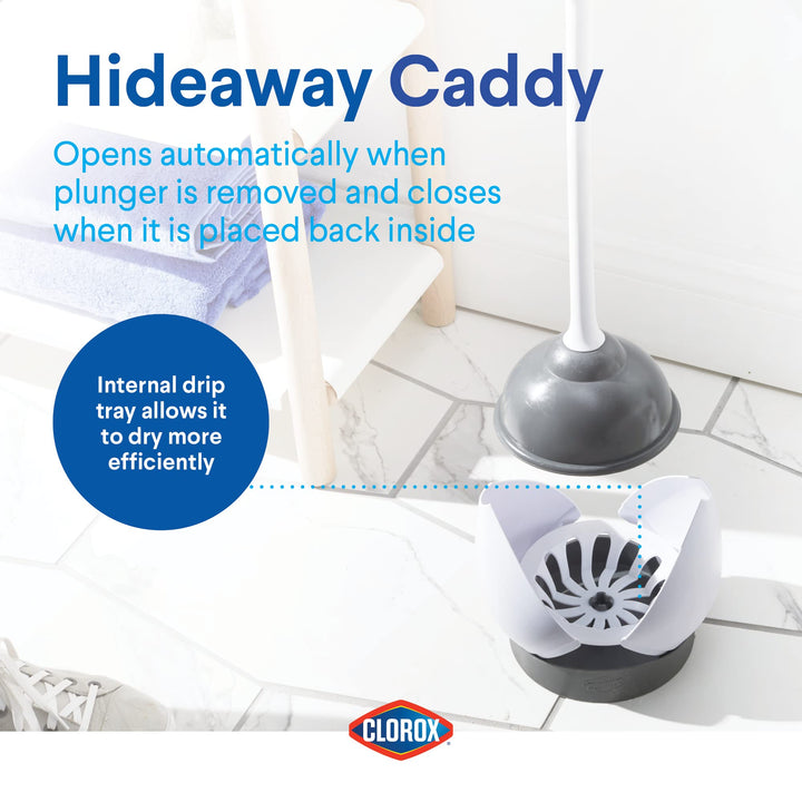 Clorox Toilet Plunger with Hideaway Storage Caddy, 6.5” x 6.5” x 19.5”, White/Gray 1-Pack