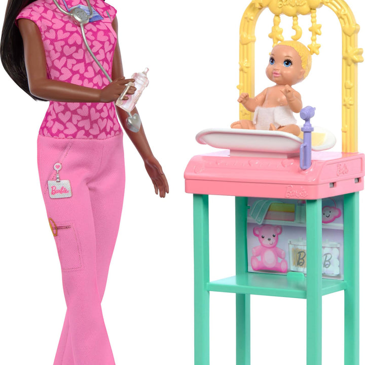 Barbie Baby Doctor Doll with Brunette Fashion Doll Wearing Pink Scrubs, 1 Baby Doll with Baby Accessories & Furniture