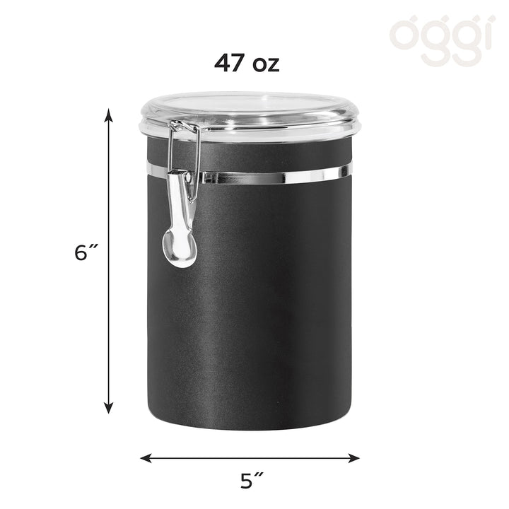 Oggi Stainless Steel Kitchen Canister 47 fl oz, Black - Airtight Clamp Lid, Clear See-Thru Top - Ideal for Kitchen Storage, Food Storage, Pantry Storage. Large Size 5" x 6". 52-ounce Airtight Canister