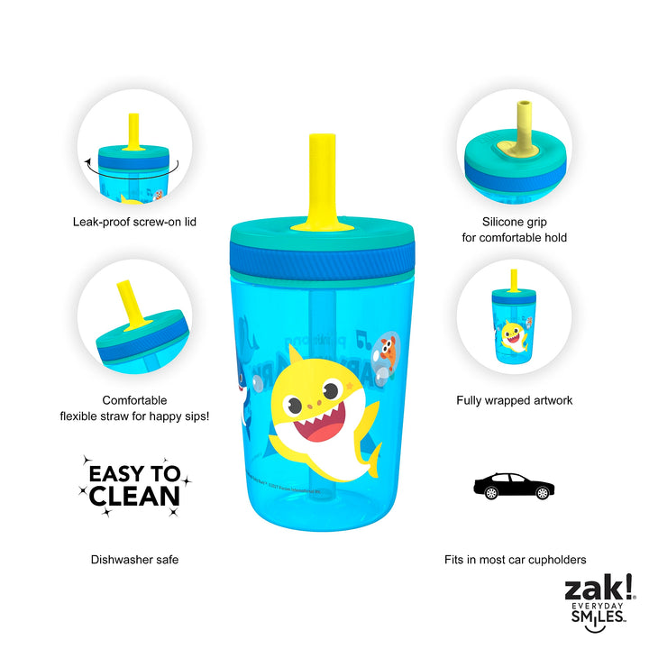 Zak Designs Baby Shark Kelso Tumbler Set, Leak-Proof Screw-On Lid with Straw, Bundle for Kids Includes Plastic and Stainless Steel Cups with Bonus Sipper (3pc Set, Non-BPA)15 fl oz. Classic