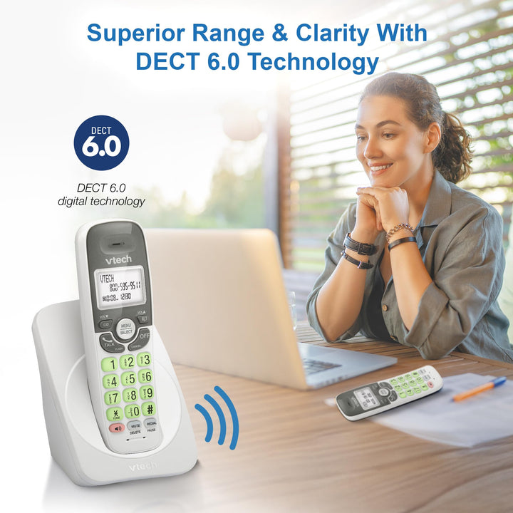 [New] VTech VG131 DECT 6.0 Cordless Phone - Bluetooth Connection, Blue-White Display, Big Buttons, Full Duplex Speakerphone, Caller ID,Easy Wall Mount, 1000ft Range (White/Grey) Caller ID + Bluetooth White