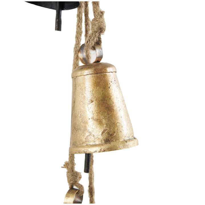 Deco 79 Gold Metal Tibetan Inspired String Hanging Decorative Bells with Jute Hanging Rope 4" x 8" x 52" - Cone 52" x 4" x 8"