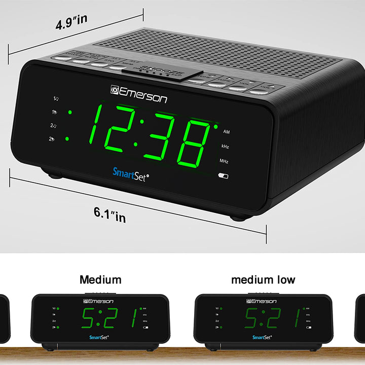 Emerson Smartset Wireless Charging Alarm Clock Radio Featuring a Large 1.4" Red LED Display and Temperature Sensor, FM Radio, Black CKSW0555