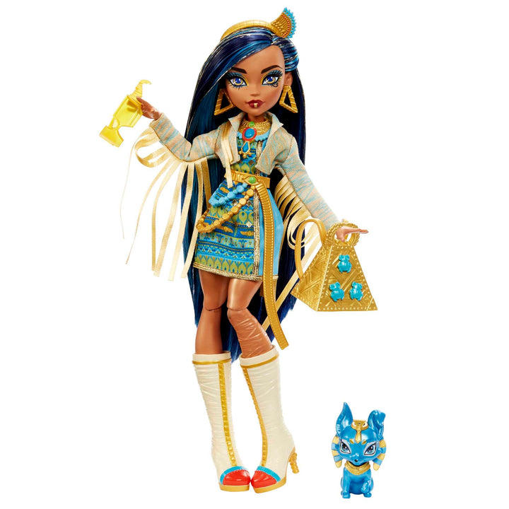 Monster High Doll, Cleo De Nile with Blue Streaked Hair in Signature Look with Fashion Accessories & Pet Dog Tut Multicolor