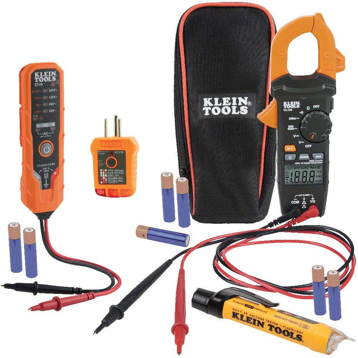 Klein Tools IR5 Dual Laser 12:1 Infrared Thermometer Digital Backlit & CL120VP Electrical Voltage Test Kit with Clamp Meter, Three Testers, Test Leads, Pouch and Batteries Thermometer+ Test Kit