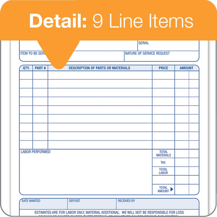 Adams Job Work Order Book, 3-Part Carbonless, White/Canary/White, 5-9/16 x 8-7/16 Inches, 33 Sets (T5868)