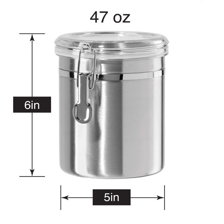 OGGI Stainless Steel Kitchen Canister 52 fl oz - Airtight Clamp Lid, Clear See-Thru Top - Ideal for Kitchen Storage, Food Storage, Pantry Storage. Large Size 5" x 6". 47-ounce Airtight Canister