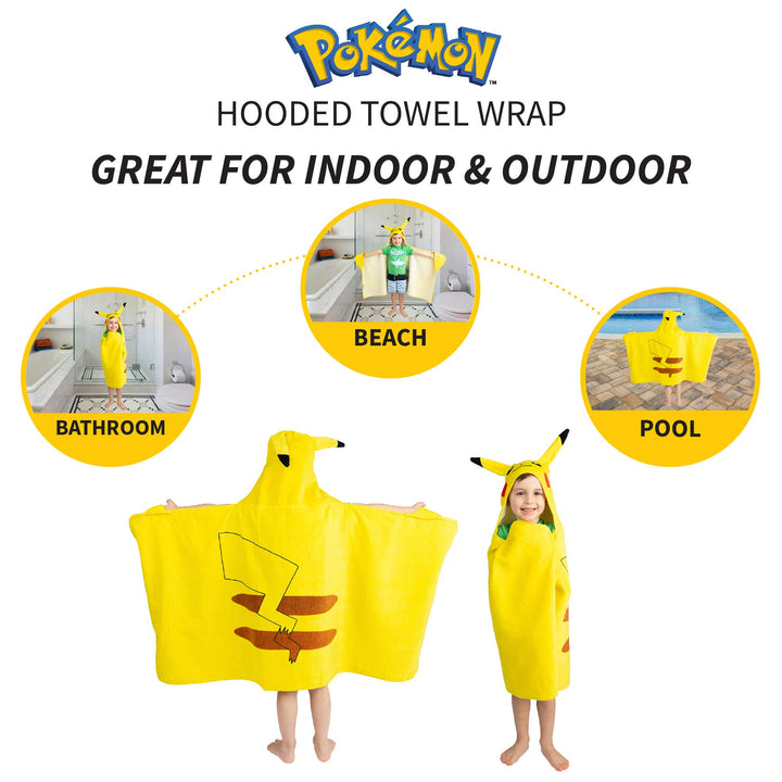 Pokemon Pikachu Bath/Pool/Beach Soft Cotton Terry Hooded Towel Wrap, 24" x 50", By Franco Kids Pokemon Pikachu 24 in x 50 in