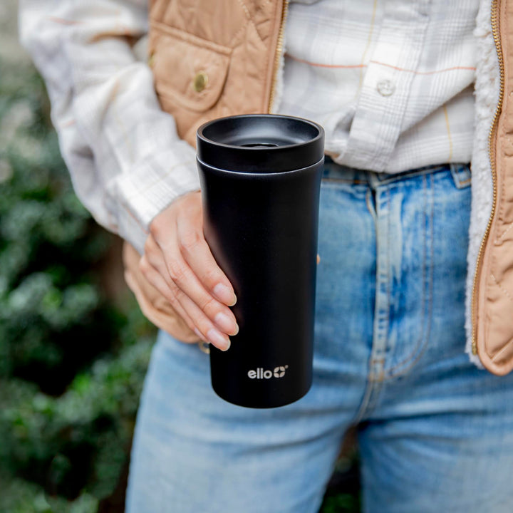 Ello Arabica 14oz Vacuum Insulated Stainless Steel Powder Coat Travel Mug with Leak-Proof Slider Lid, Keeps Hot for 5 Hours, Perfect for Coffee or Tea, BPA-Free Tumbler, Black