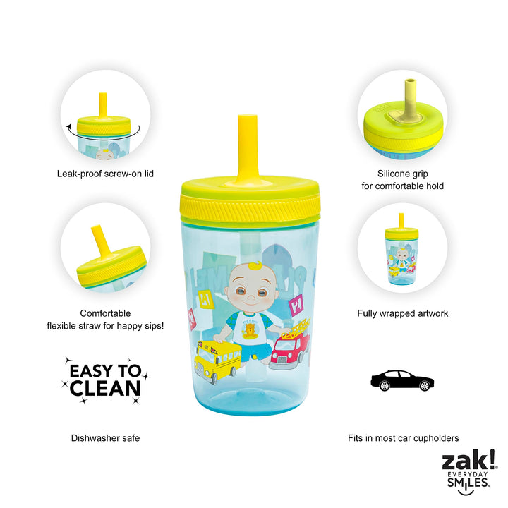 Zak Designs CoComelon Kelso Tumbler Set, Leak-Proof Screw-On Lid with Straw, Bundle for Kids Includes Plastic and Stainless Steel Cups with Bonus Sipper (3pc Set, Non-BPA), 15 fluid ounces