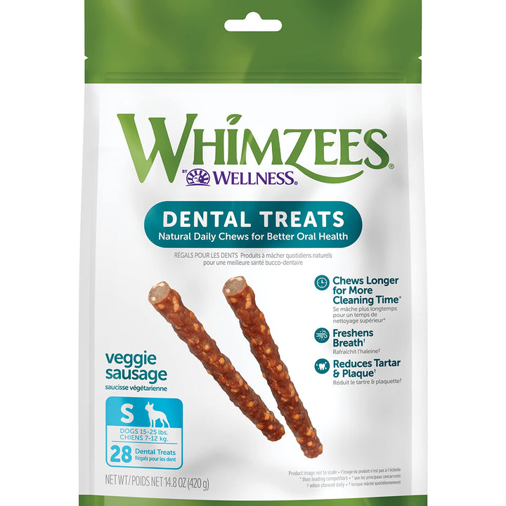 WHIMZEES Natural Grain Free Daily Dental Long Lasting Dog Treats, Veggie Sausage, Small, Bag of 28 28 Count (Pack of 1)