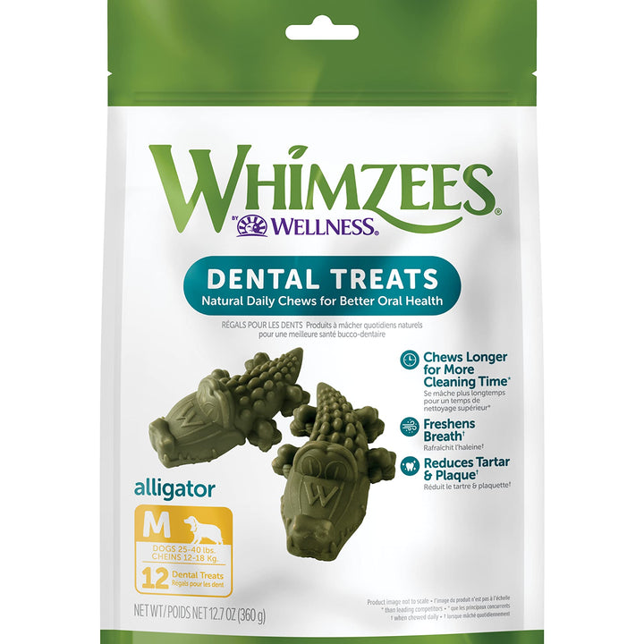 WHIMZEES by Wellness Alligator Natural Dental Chews for Dogs, Long Lasting Treats, Grain-Free, Freshens Breath, Medium Breed, 12 Count