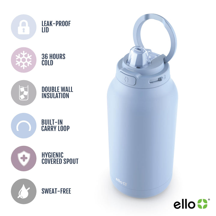 Ello Hydra 64oz Half Gallon Vacuum Insulated Stainless Steel Jug with Locking, Leak-Proof Lid and Soft Silicone Straw, Metal Reusable Water Bottle, Keeps Cold All Day Halogen Blue Thermos