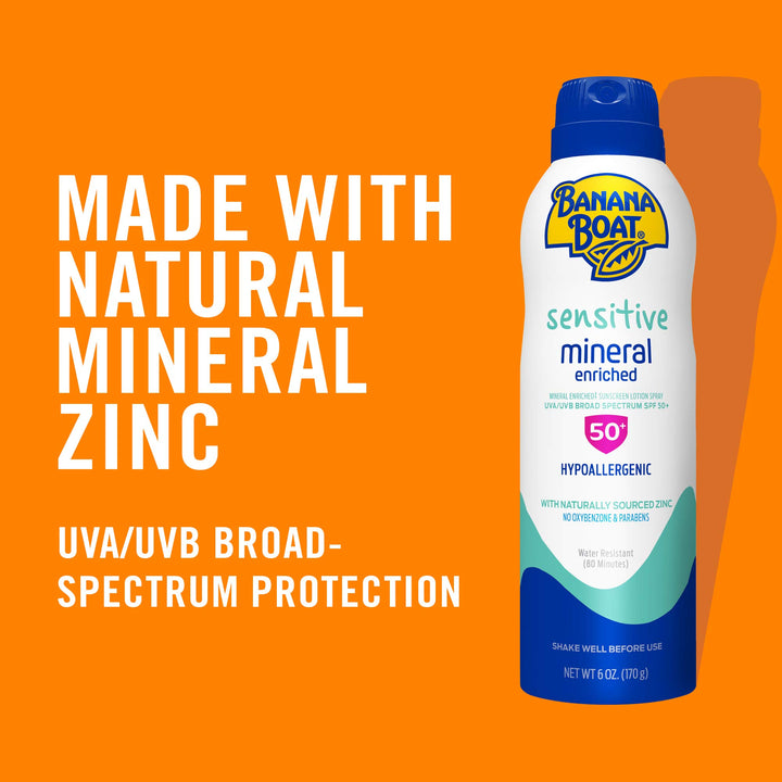 Banana Boat Mineral Enriched Sunscreen, Sensitive Skin, Broad Spectrum Spray, SPF 50, 6oz. - Twin Pack 6 Ounce (Pack of 2)