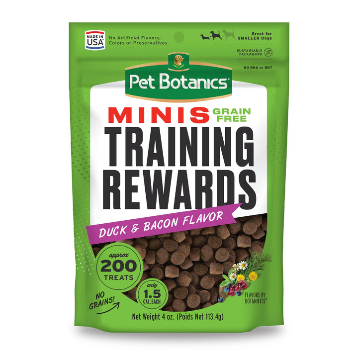 Pet Botanics 4 oz. Pouch Training Reward Mini Soft & Chewy, Duck and Bacon Flavor, with 200 Treats Per Bag, The Choice of Top Trainers Grain Free Duck & Bacon 4 Ounce (Pack of 1)