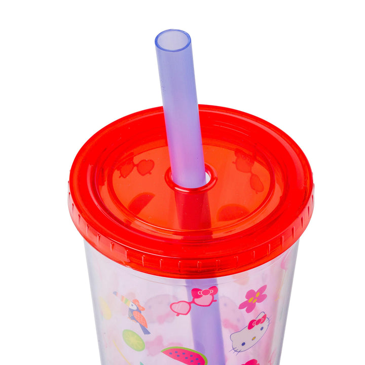 Silver Buffalo Sanrio Hello Kitty Tropical Summer Plastic Boba Tumbler with Lid and Wide Straw, 24 Ounces 24oz Hello Kitty Tropical Tossed Icons