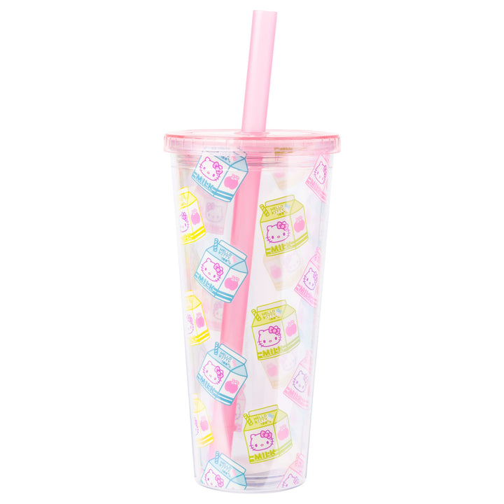 Silver Buffalo Sanrio Hello Kitty Milk Carton Pattern Plastic Boba Tumbler w Lid and Wide Straw, 24 Ounces
