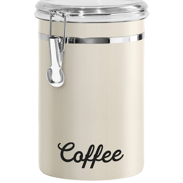 Oggi Stainless Steel Coffee Canister 62 fl oz - Airtight Clamp Lid, Warm Gray, Tinted See-Thru Top - Ideal for Coffee Bean Storage, Ground Coffee Storage, Kitchen Storage, Pantry Storage. 5 x 7.5