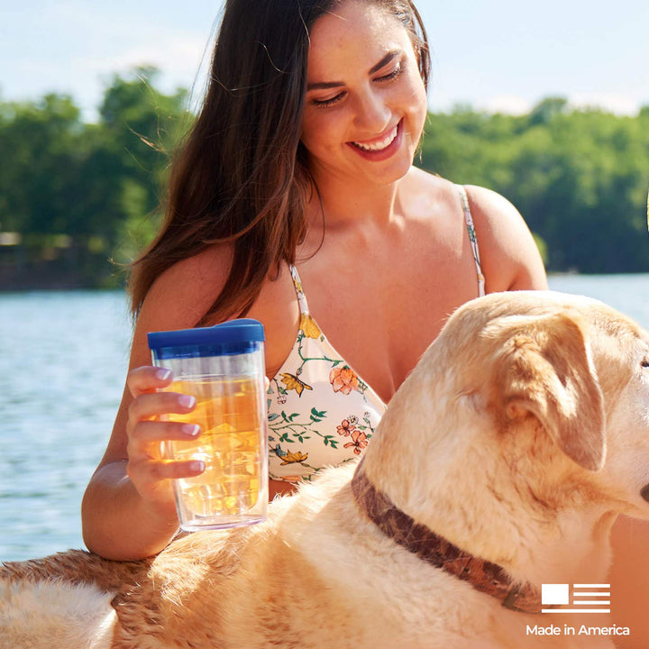 Tervis Clear & Colorful Lidded Made in USA Double Walled Insulated Tumbler Travel Cup Keeps Drinks Cold & Hot, 16oz, Red Lid