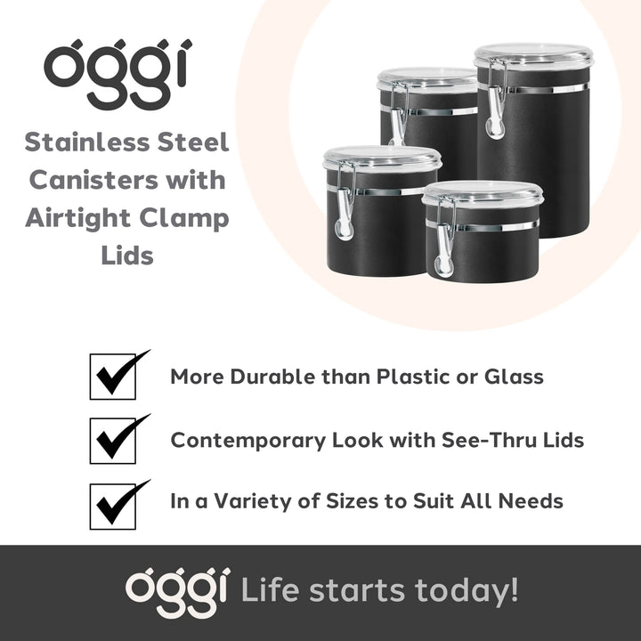 Oggi Stainless Steel Kitchen Canister 26 fl oz, Black - Airtight Clamp Lid, Clear See-Thru Top - Ideal for Kitchen Storage, Food Storage, Pantry Storage. Size 5" x 3.5". 26-ounce Airtight Canister