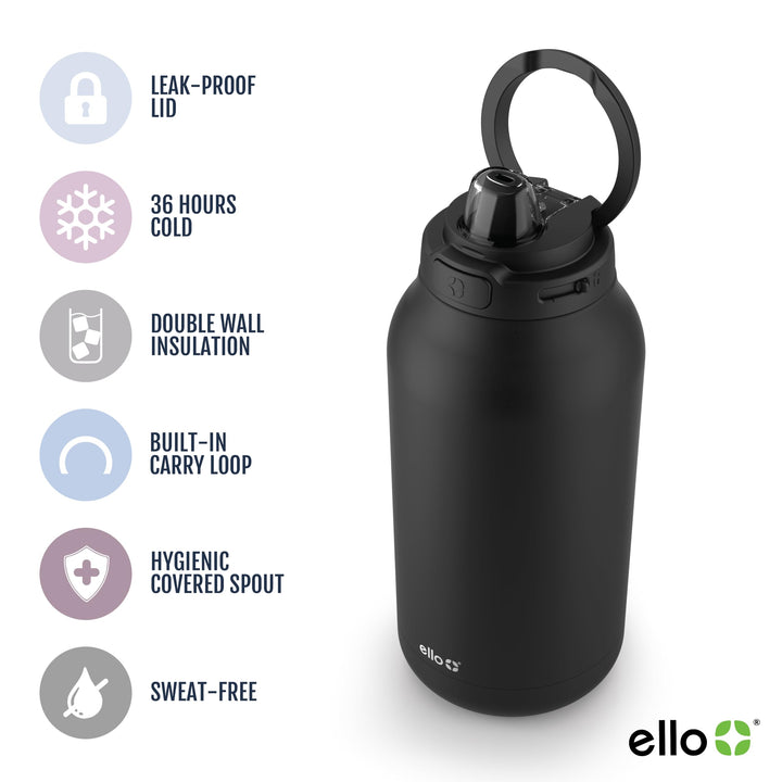 Ello Hydra 64oz Half Gallon Vacuum Insulated Stainless Steel Jug with Locking, Leak-Proof Lid and Soft Silicone Straw, Metal Reusable Water Bottle, Keeps Cold All Day Black Thermos