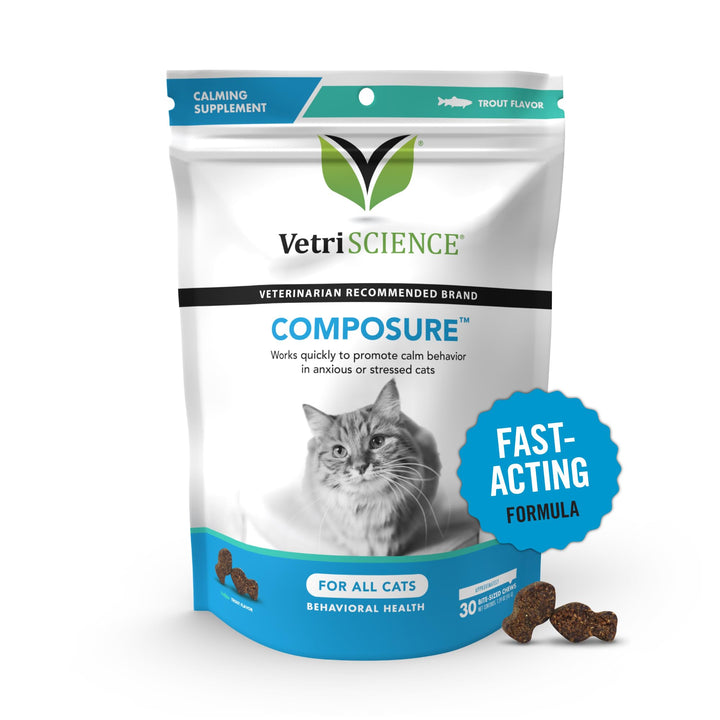 VetriScience Composure Cat Calming Chews - Clinically Supported Cat Anxiety Relief Supplement for Stress, Grooming, Vet Visits, Separation & More - 30 Count, Trout Flavor 30 Chews (Pack of 1)