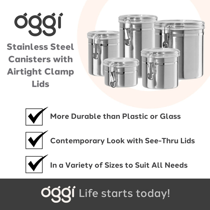 OGGI Stainless Steel Kitchen Canister 52 fl oz - Airtight Clamp Lid, Clear See-Thru Top - Ideal for Kitchen Storage, Food Storage, Pantry Storage. Large Size 5" x 6". 47-ounce Airtight Canister