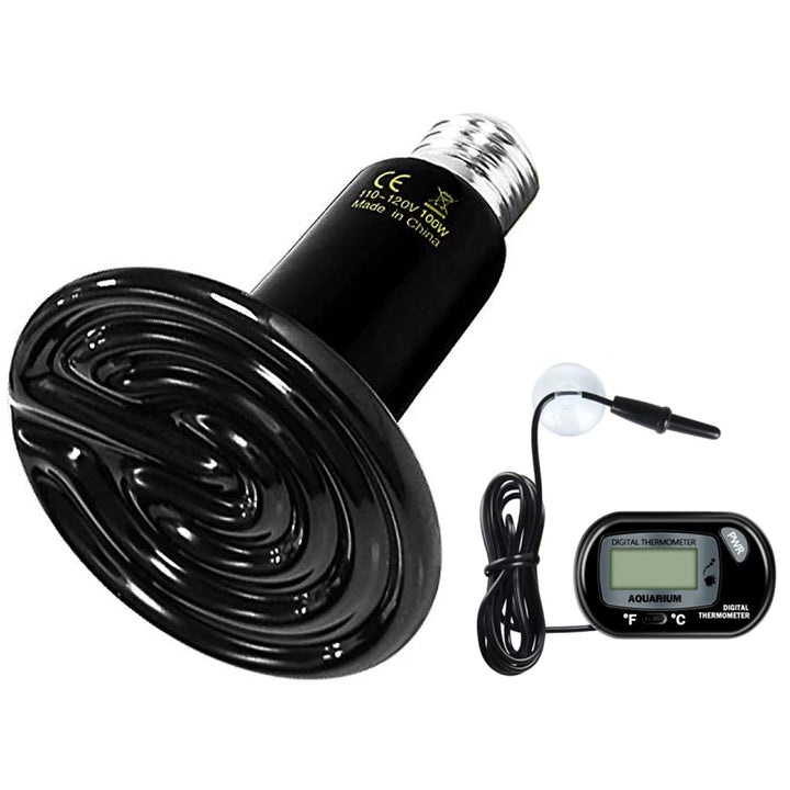 Simple Deluxe 100W Ceramic Heat Lamp Reptile Heat Emitter Heater Lamp Bulb No Light with Free Digital-Thermometer, for Pet Brooder Coop Chicken, Dragon Turtle Lizard Snake Aquarium Tank Black