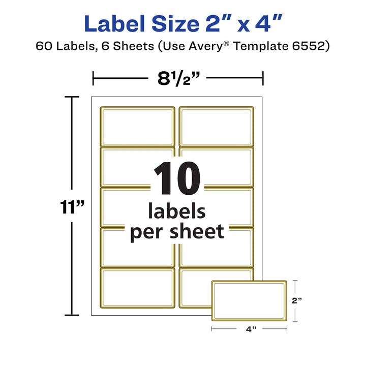 Avery Glossy Clear Labels with Metallic Gold Label Borders, 2" x 4" Rectangle Labels, 60 Total, Laser/Inkjet Printable Labels (6552) 2" x 4" 60 labels Glossy Clear Gold Borders