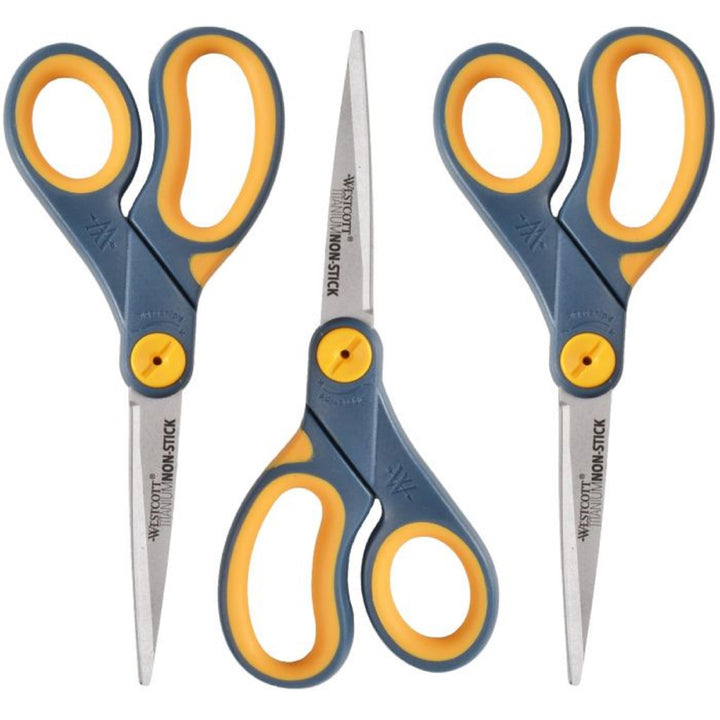 Westcott 8" Titanium-Bonded Non-Stick Scissors For Office & Home, Gray/Yellow, 3 Pack (15454) 3-Pack