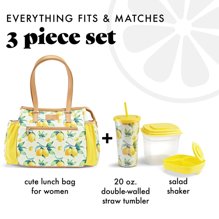 Fit & Fresh Lunch Bag For Women, Insulated Womens Lunch Bag For Work, Stain-Resistant, Lightweight, Large Lunch Box For Women With Salad Container and Matching Tumbler, Zipper, Copley Lunch Kit,Lemons Bag with containers Yellow