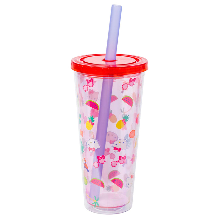 Silver Buffalo Sanrio Hello Kitty Tropical Summer Plastic Boba Tumbler with Lid and Wide Straw, 24 Ounces 24oz Hello Kitty Tropical Tossed Icons