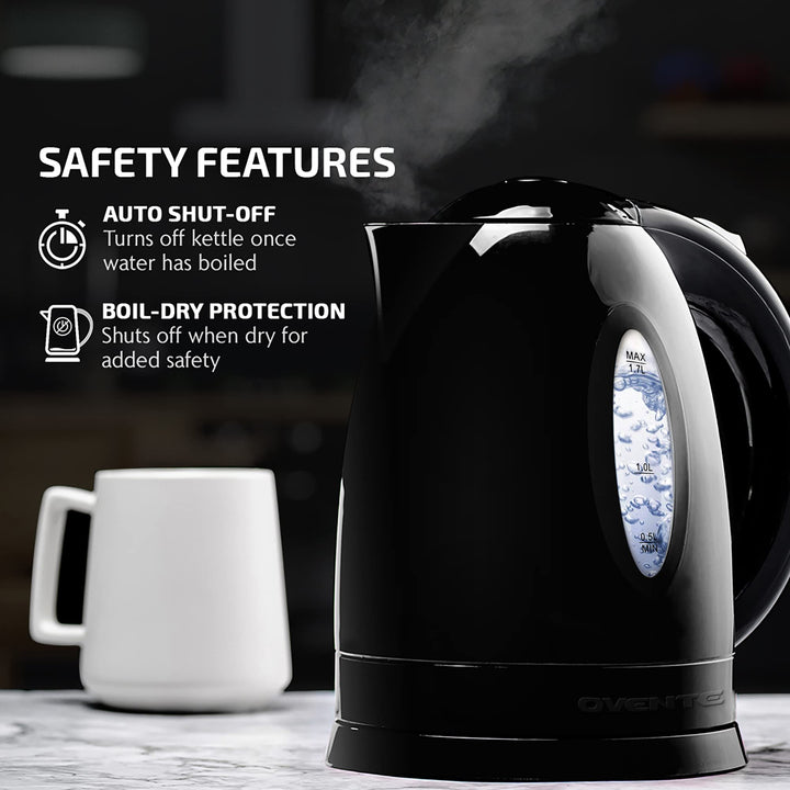 OVENTE Electric Kettle Hot Water Heater 1.8 Liter - BPA Free Fast Boiling Cordless Water Warmer - Auto Shut Off Instant Water Boiler for Coffee & Tea Pot - Black KP413B Black ProntoFill Easy Fill